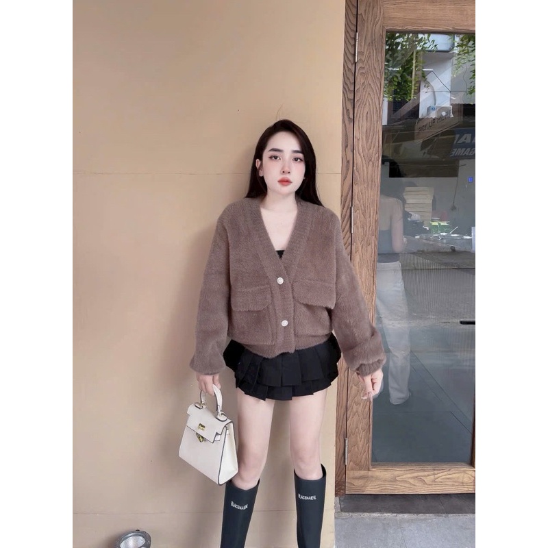 Áo khoác len lông túi 2 bên khuy ngọc, áo cadigan len lông thỏ dày đẹp hàng QCCC