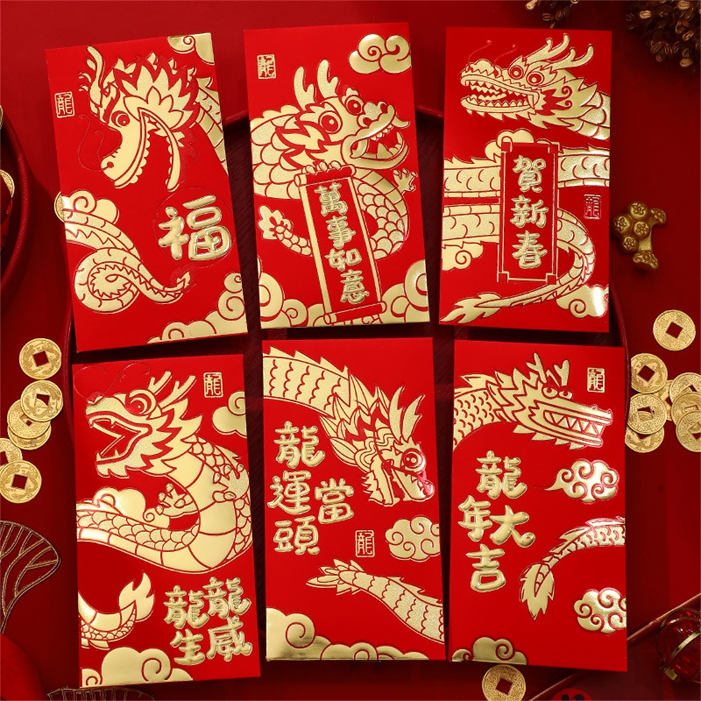 6 Chiếc 2024 Năm Rồng Gel Phong Bì Đỏ Sáng Tạo Hoạt Hình Phong Bì Đỏ Năm Rồng Điềm Lành Dày Chất Lượng Cao Màu đỏ