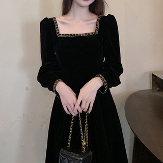 Đầm SUGEMIUSI dáng dài đến giữa bắp chân màu đen nhẹ nhàng phong cách Pháp sang trọng cho nữ