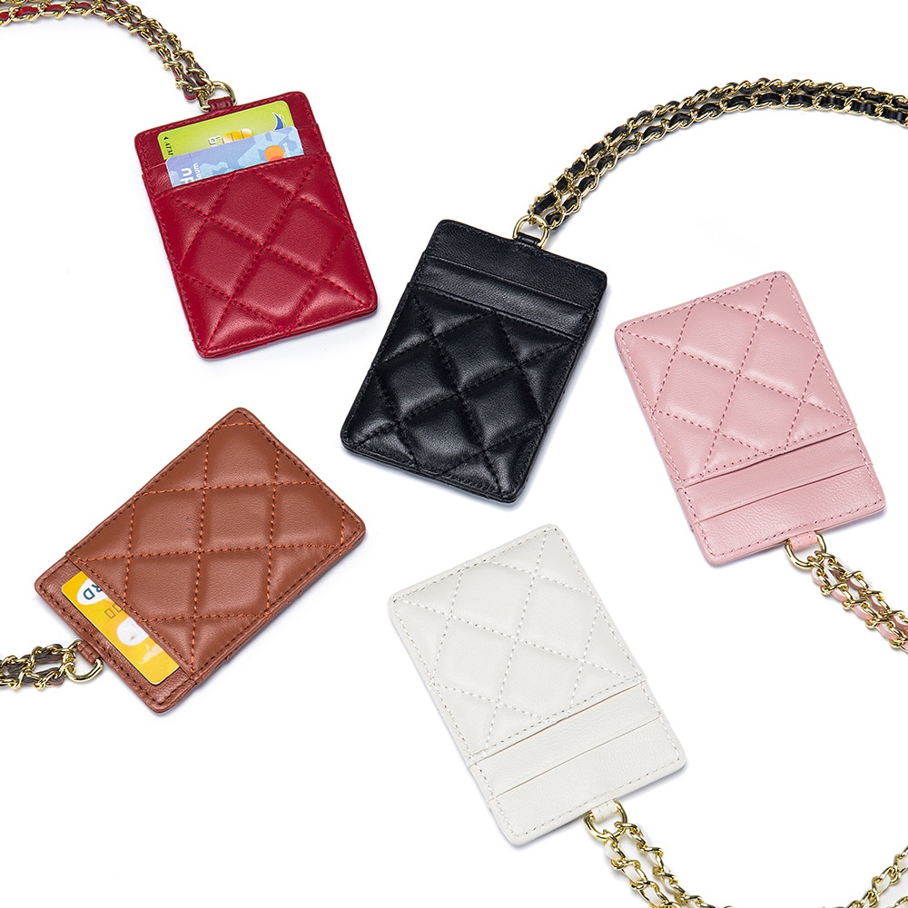 Ví Đựng Thẻ Siêu Mỏng Bằng Da Cừu Phối Dây Xích Thiết Kế Đơn Giản Cho Nữ Giá Đỡ