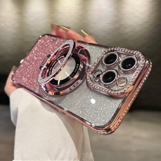 Sang Trọng Ốp Điện Thoại Đính Kim Cương Giả Lấp Lánh Kèm Móc Xỏ Ngón Nam Châm Cho ốp lưng iphone 15 plus 12 13 14 pro max