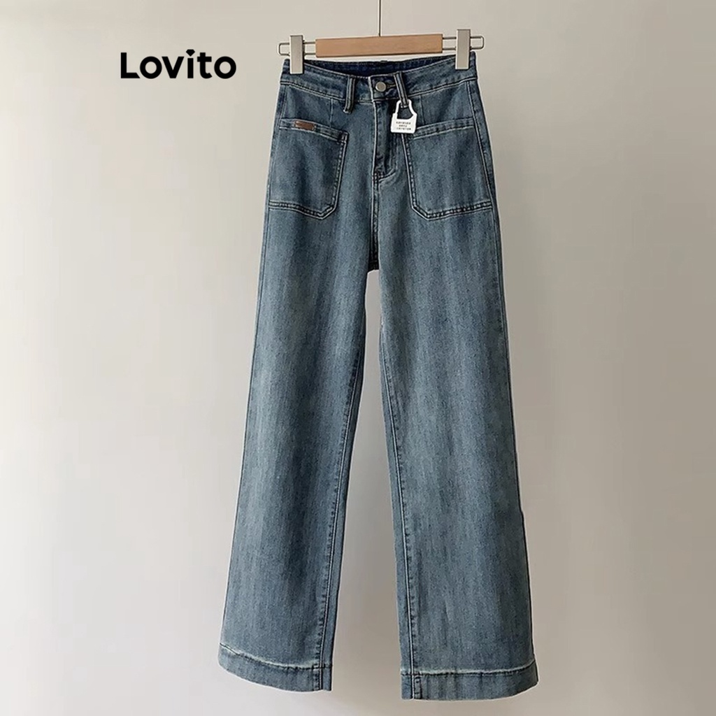 Lovito Quần Jean Có Nút Dây Kéo Trơn Thông Thường Cho Nữ LNA34147