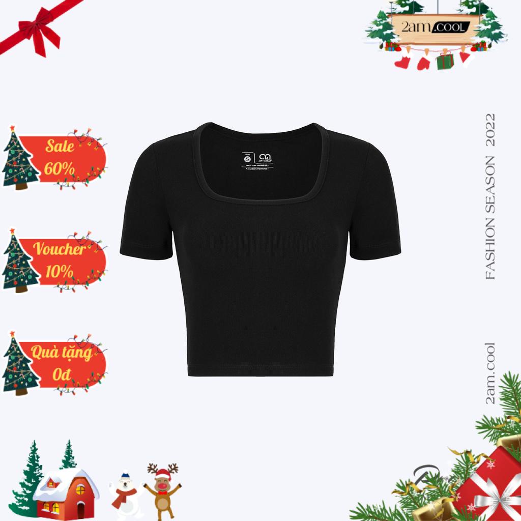Áo Croptop Nữ Tay Ngắn Cổ Vuông Co Giãn 4 Chiều Chất Liệu Thun Gân Tăm 2AM