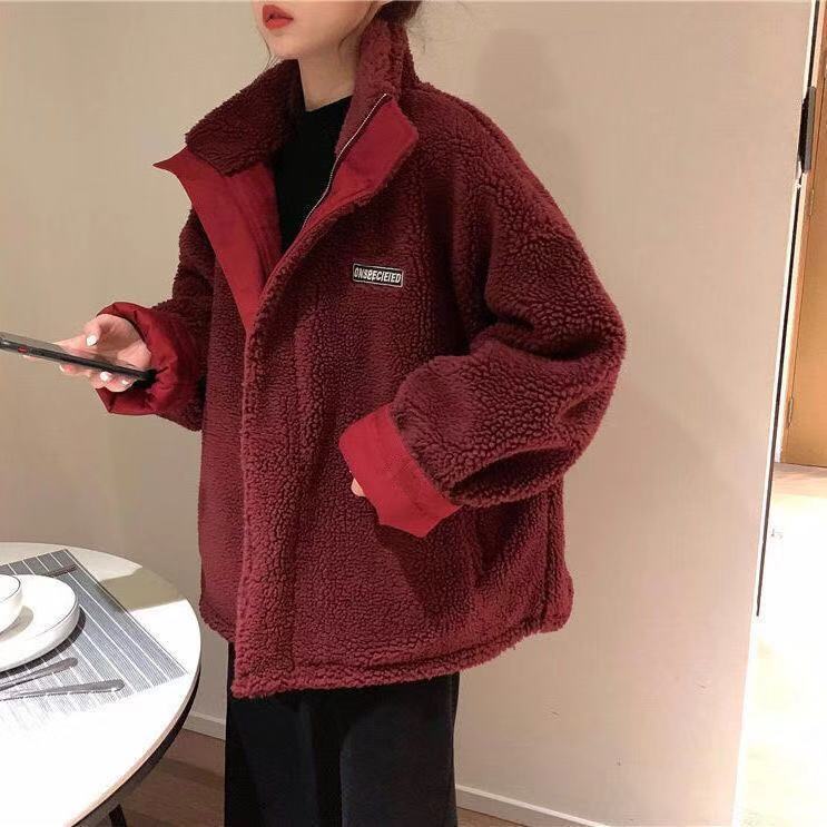 Áo Khoác cotton Giả Lông Cừu Dày Hai Mặt Dáng Rộng Phong Cách Hàn Quốc Thời Trang Mùa Đông 2024 Cho Nữ