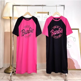 Đầm rộng bigsize | đầm bầu tay raglan thun cotton in chữ barbie màu hồng đen