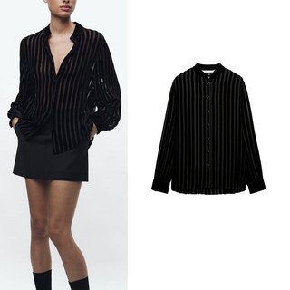 Zara Áo Sơ Mi Cổ Đứng Kẻ Sọc Chất Liệu Nhung Thời Trang Mùa Xuân Cho Nữ 9390109