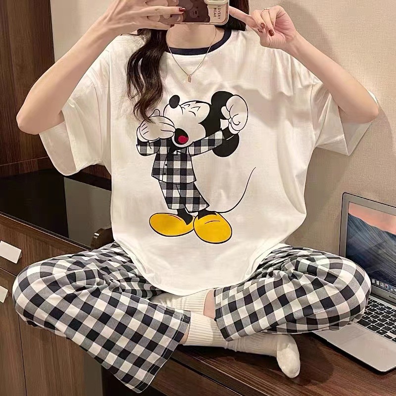 Bộ đồ ngủ nữ ngắn tay mùa hè quần dài mùa xuân thu mỏng Bộ quần áo mặc ở nhà rộng rãi