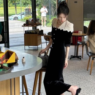 Jn Luo Yiyi Đầm Dài Dáng Chữ A Màu Đen Dáng Ôm Cao Cấp Phong Cách Thu Đông Mới Cỡ Lớn