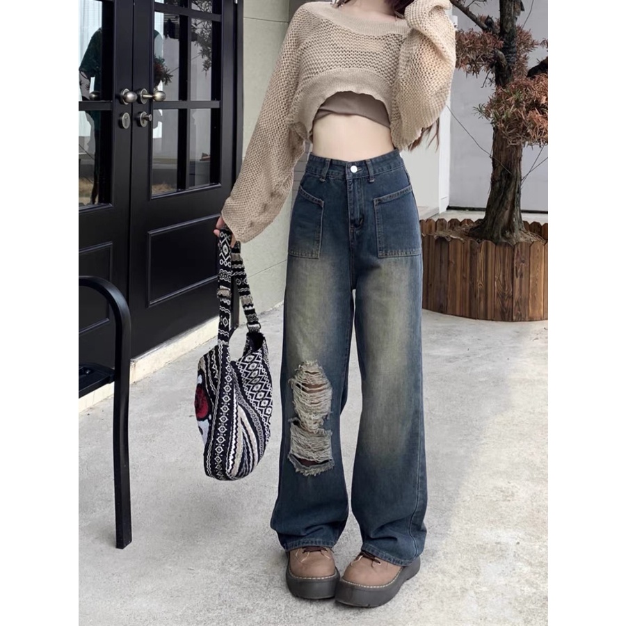 NZN Quần Denim dáng rộng thời trang nữ cổ điển kiểu Mỹ