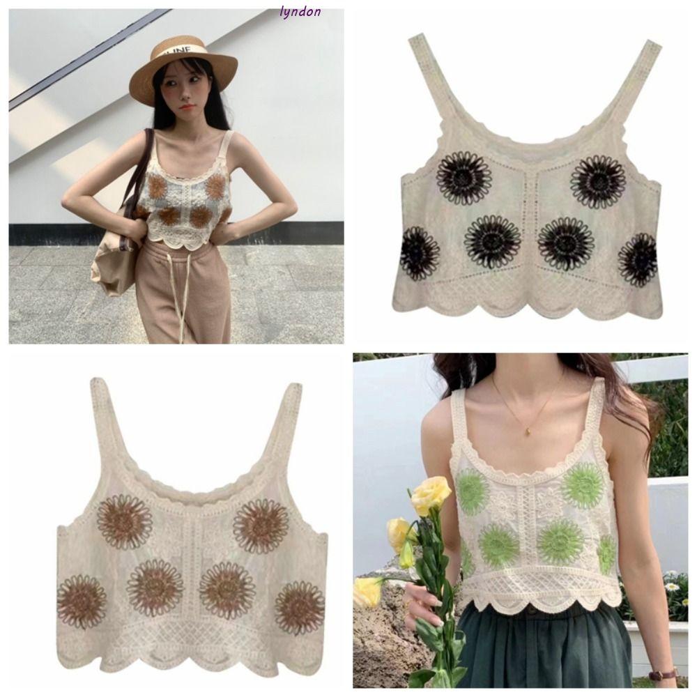 Lyndon Áo Crop Top Dệt Kim Không Tay Phối Ren Họa Tiết Hoa Sang Trọng Mùa Hè Cho Nữ