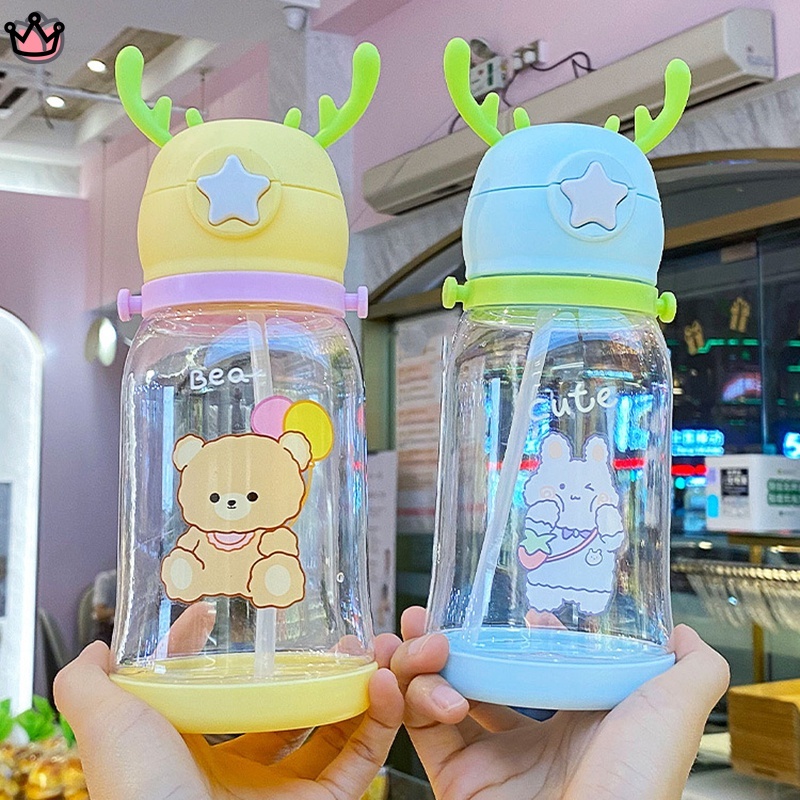 Bình Nước Thể Thao 600ml Có Ống Hút Hình Sừng Hươu Nhiều Màu Dễ Thương Cho Bé
