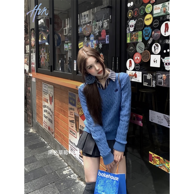 Bộ Áo Sweater Dệt Kim Cao Cấp Phối Chân Váy Chữ A Kẻ Sọc Kiểu Retro Hàn Quốc