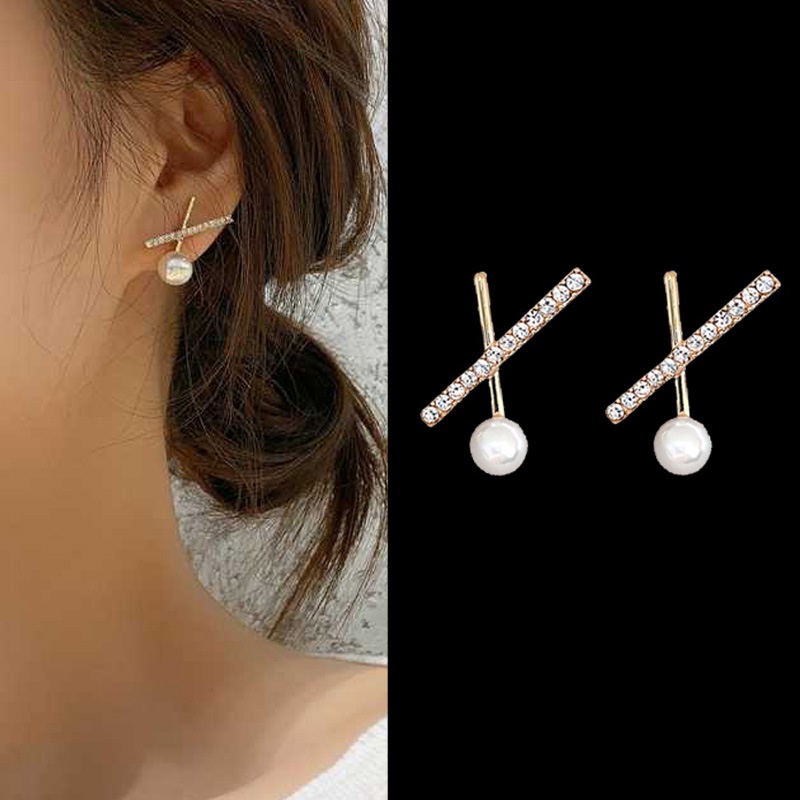 Bông Tai Mạ Bạc 925 Hình Chữ x Đính Ngọc Trai Phong Cách Pháp Ngọt Ngào Cho Nữ