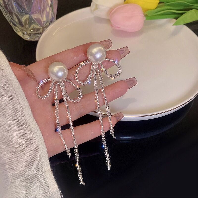 Deartiara Khuyên Tai Xỏ Hạt Ngọc Trai Hình Nơ Phối Tua Rua Thiết Kế Độc Đáo Phong Cách vintage Cho Nữ