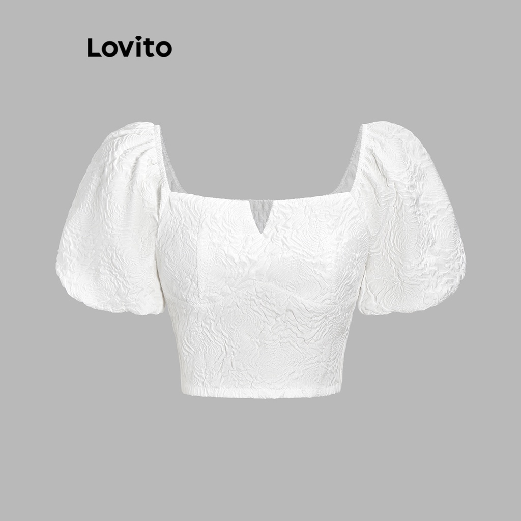 Áo kiểu Lovito tay phồng dún thun màu trơn thanh lịch cho nữ L62ED027 (Màu trắng)