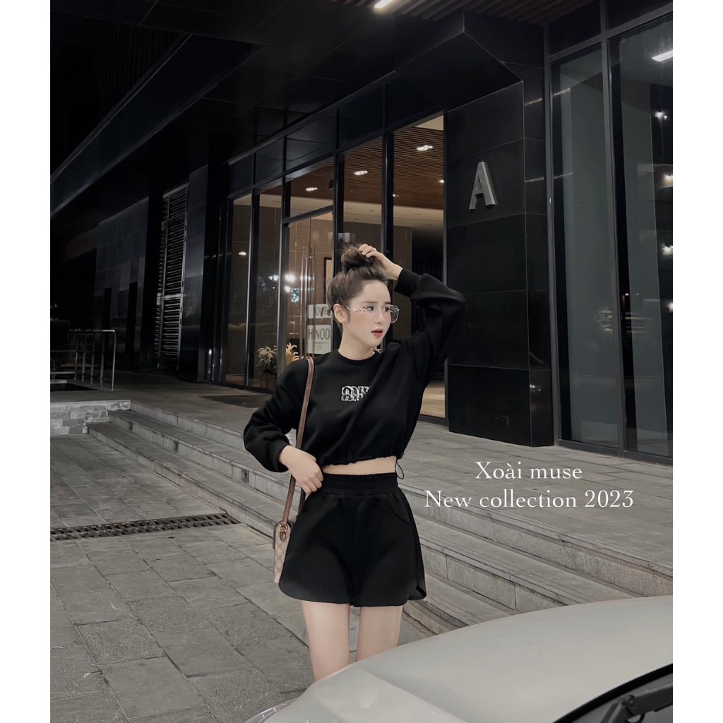 Sét áo cortop tay dài mix quần đùi chữ đá nổi sịn đét TN655CCC