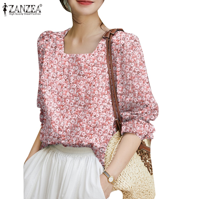 Zanzea Áo Nữ Tay Dài Cổ Vuông Họa Tiết Hoa Thời Trang Phong Cách Hàn Quốc