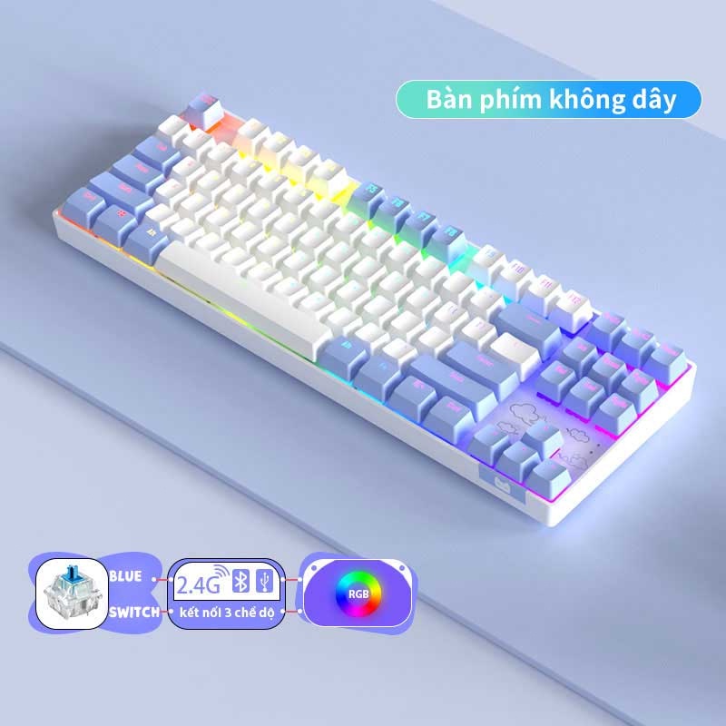 Bàn Phím Cơ Gaming Không Dây 2.4G/Bluetooth BASIC KB13 87 Phím Màu Tím/xanh/hồng,có đèn RGB，3 Chế độ Kết Nối
