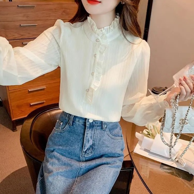 Áo Sơ Mi chiffon Phối Ren Dáng Ôm Phong Cách Hàn Quốc Thời Trang Cho Nữ