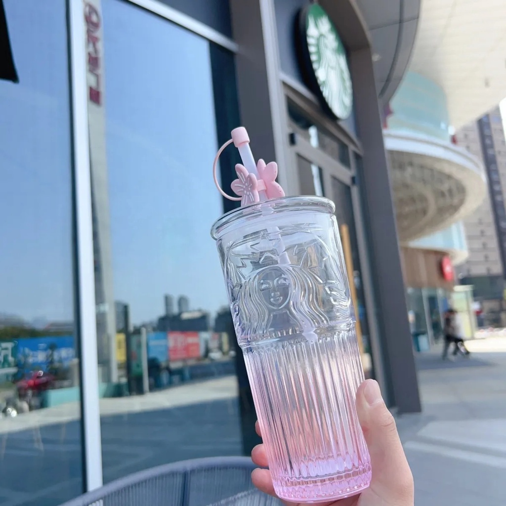 Starbucks Bình Nước Thủy Tinh 550ml Họa Tiết Hoa Anh Đào Kèm Ống Hút Tiện Dụng