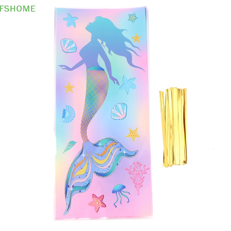 Set 50 Túi Nhựa Đuôi Nàng Tiên Cá Đựng Kẹo Thắt Nơ Ruy Băng Cho Bữa Tiệc Fshn