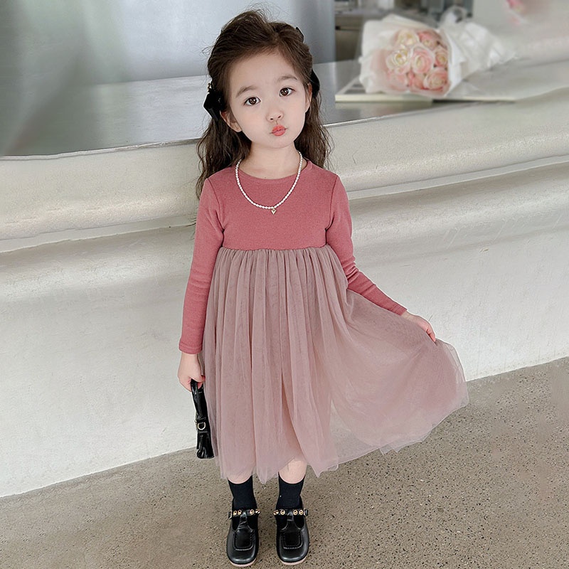 Se7en Đầm Công Chúa Tay Dài Phối Lưới Màu Trơn Dễ Thương Thời Trang Mùa Thu Cho Bé Gái