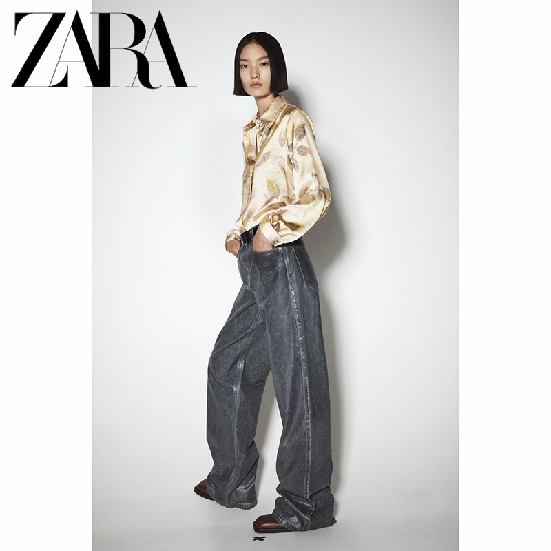 Zara Áo Sơ Mi Vải Lụa satin In Họa Tiết Thời Trang Mùa Thu Cho Nữ