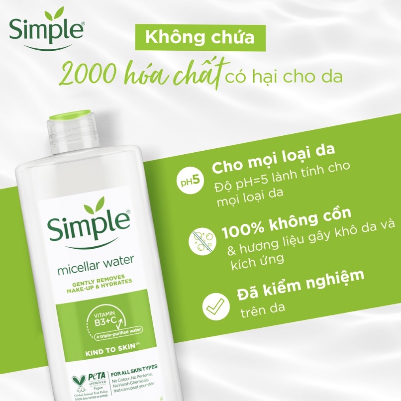 Nước Tẩy Trang Lành Tính Simple Kind To Skin Micellar Cleansing Water 200ml - Mẫu Mới Nhất Dành Cho Mọi Loại Da