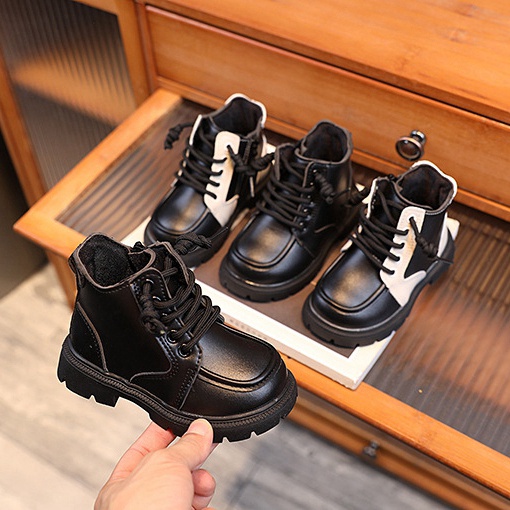 Giày Bốt Da Mềm Màu Đen Cá Tính Cho Bé Trai