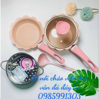 Nắp Thủy Tinh, Xửng Hấp Inox, Chảo, Nồi, Quánh Bột Cho Bé Ăn Dặm Đáy Từ, Vân đá Chống Dính, Size 16cm
