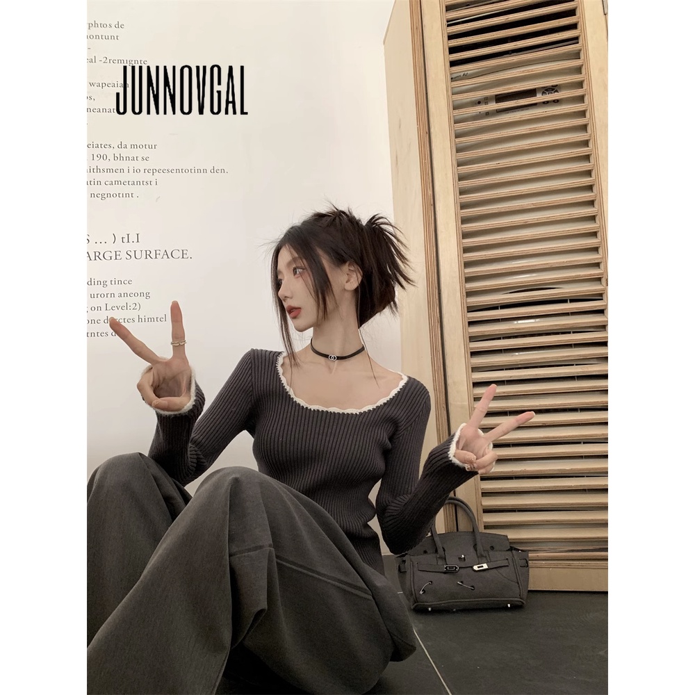 Junnovgal Áo Thun Tay Dài Cổ Chữ u Màu Trơn Dáng Ôm Thời Trang 2023 Dành Cho Nữ