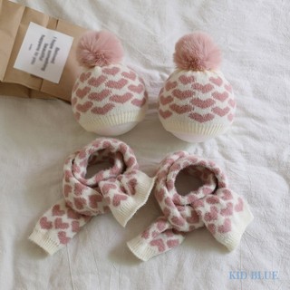 Set mũ len + khăn choàng cổ đính quả bông đáng yêu cho bé gái