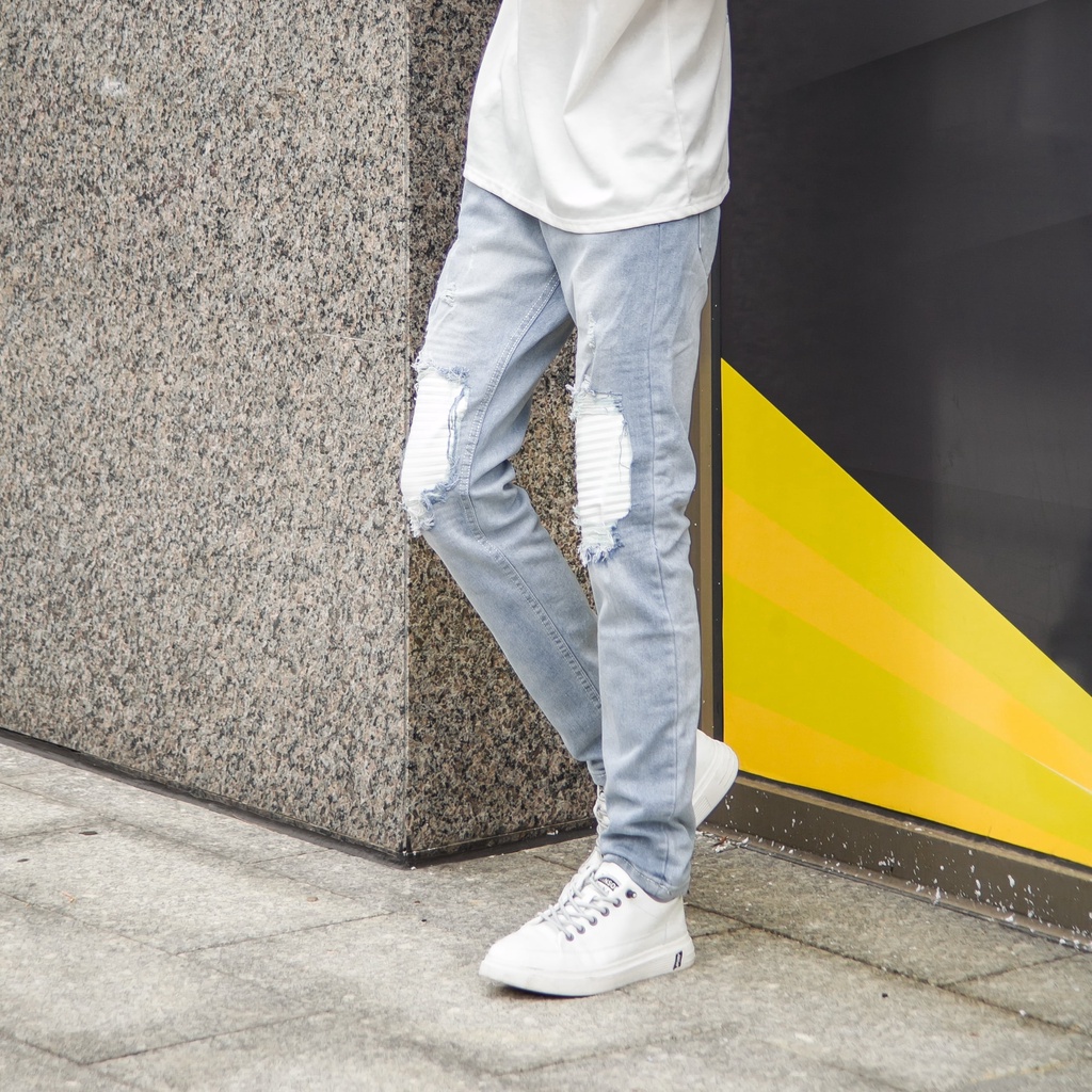 Quần jean nam rách gối vá màu xanh nhạt xước co giãn phom ôm dáng slimfit VNXK pon.mens hà nội hcm