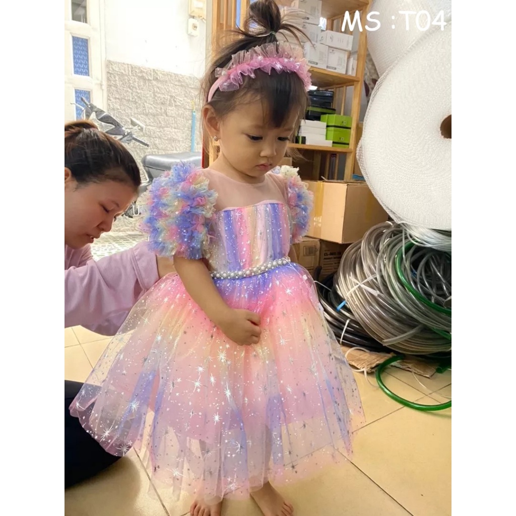Váy Công Chúa cầu vồng cao cấp siêu đẹp T04 - AnKids Boutique - Tặng kèm Bờm Tóc