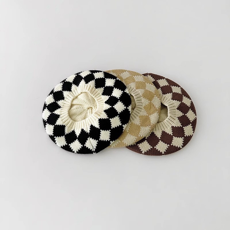 Mũ beret Dệt Kim Họa Tiết Hình Thoi Thời Trang Thu Đông Hàn Quốc Mới Cho Bé