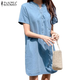 Zanzea Đầm denim Nữ Tay Ngắn Cổ Chữ v Thời Trang Hàn Quốc
