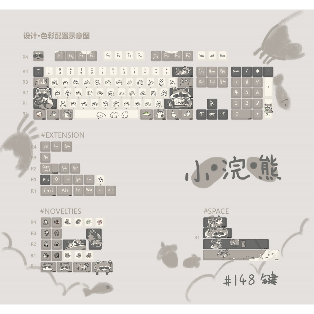 148 Phím Gấu Trúc Keycaps Cherry/MDA Profile Anime dễ thương PBT Dye Sub Bàn Phím Cơ Keycap