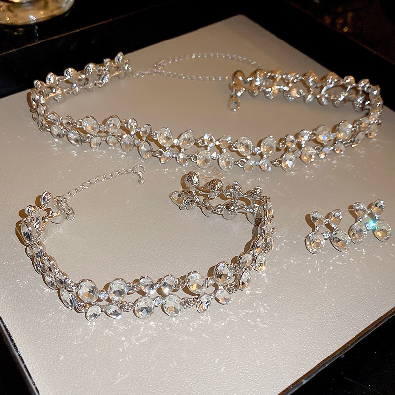 Chic Bộ Trang Sức Vòng cổ Vòng Tay Bông Tai Vòng Tay Hình oval Hai Lớp Đính Kim Cương Lấp Lánh