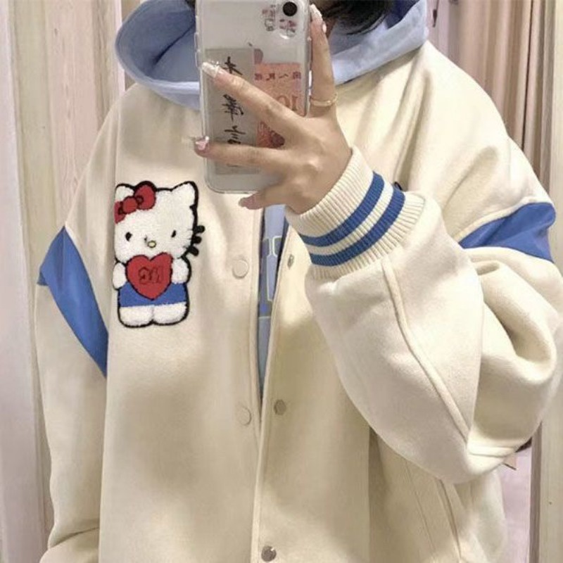 Áo Khoác Bóng Chày Dáng Rộng Thêu Hình hello kitty Thời Trang Thu Đông Cho Nữ