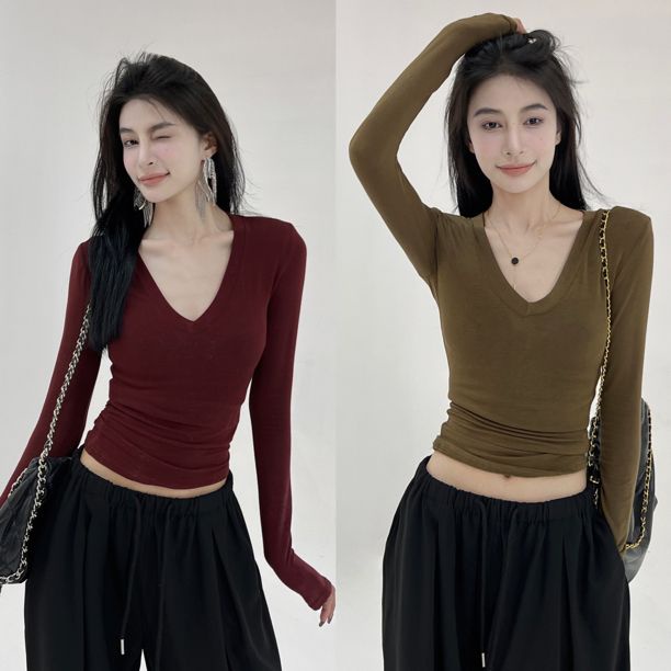 Áo Thun cotton Mỏng Tay Dài Cổ Chữ v Thời Trang Mùa Thu Phong Cách Mới Dành Cho Nữ