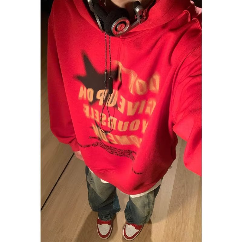 Vunc Áo Hoodie Dáng Rộng In Chữ Và Ngôi Sao Thời Trang Đường Phố Mỹ Cá Tính Cho Nam