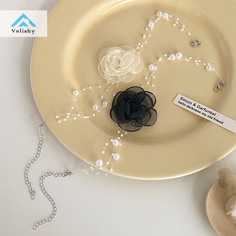 Velishy Vòng Cổ choker Màu Trắng Đen Đính Hoa Và Ngọc Trai Lãng Mạn Cho Nữ
