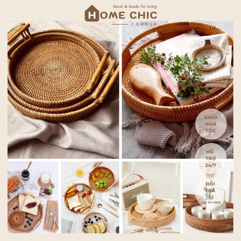 Khay mây có tay cầm decor, trang trí mây tre đan thủ công decor thức ăn | HOME CHIC CORNER