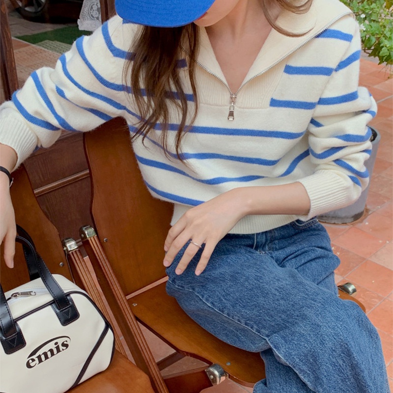 Áo sweater Dệt Kim Tay Dài Dáng Rộng Kẻ Sọc Màu Tương Phản Dễ Thương 6836