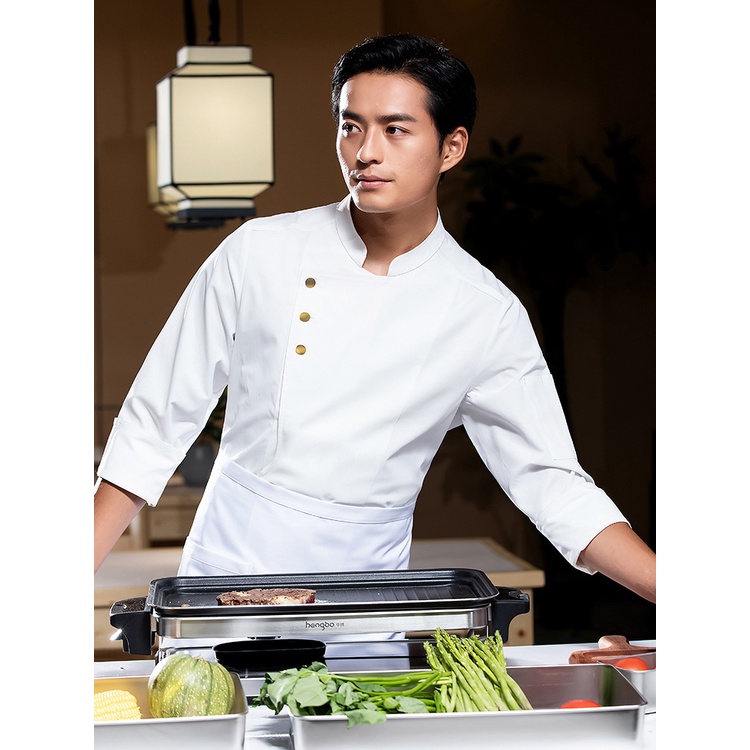 Áo Đồng Phục Đầu Bếp Tay Dài Thêu Họa Tiết Phong Cách Mới Thoáng Khí Cao Cấp Mùa Thu Đông Cho Nam