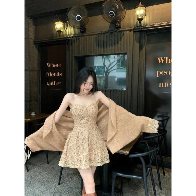 New sling lace dress soft waxy slimming sweater cardigan suit for girls dress long sleeve retro sweater two-piece suit