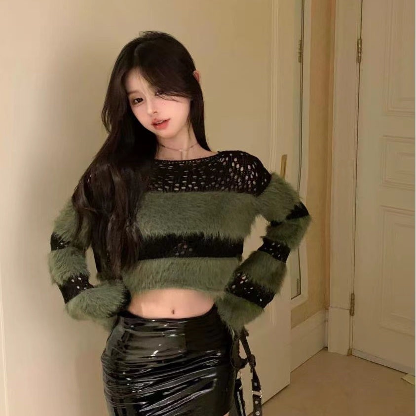 Milyfashion Áo sweater Ngắn Mềm Mại Họa Tiết Kẻ Sọc Rỗng Phối Tua Rua Thời Trang Mùa Thu Phong Cách Mới Cho Nữ