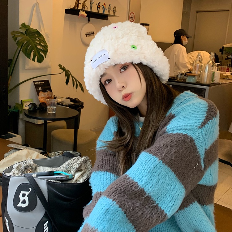 Plus Mũ bucket Dệt Kim Phối Lông Nhung Phong Cách Thời Trang Hàn Quốc