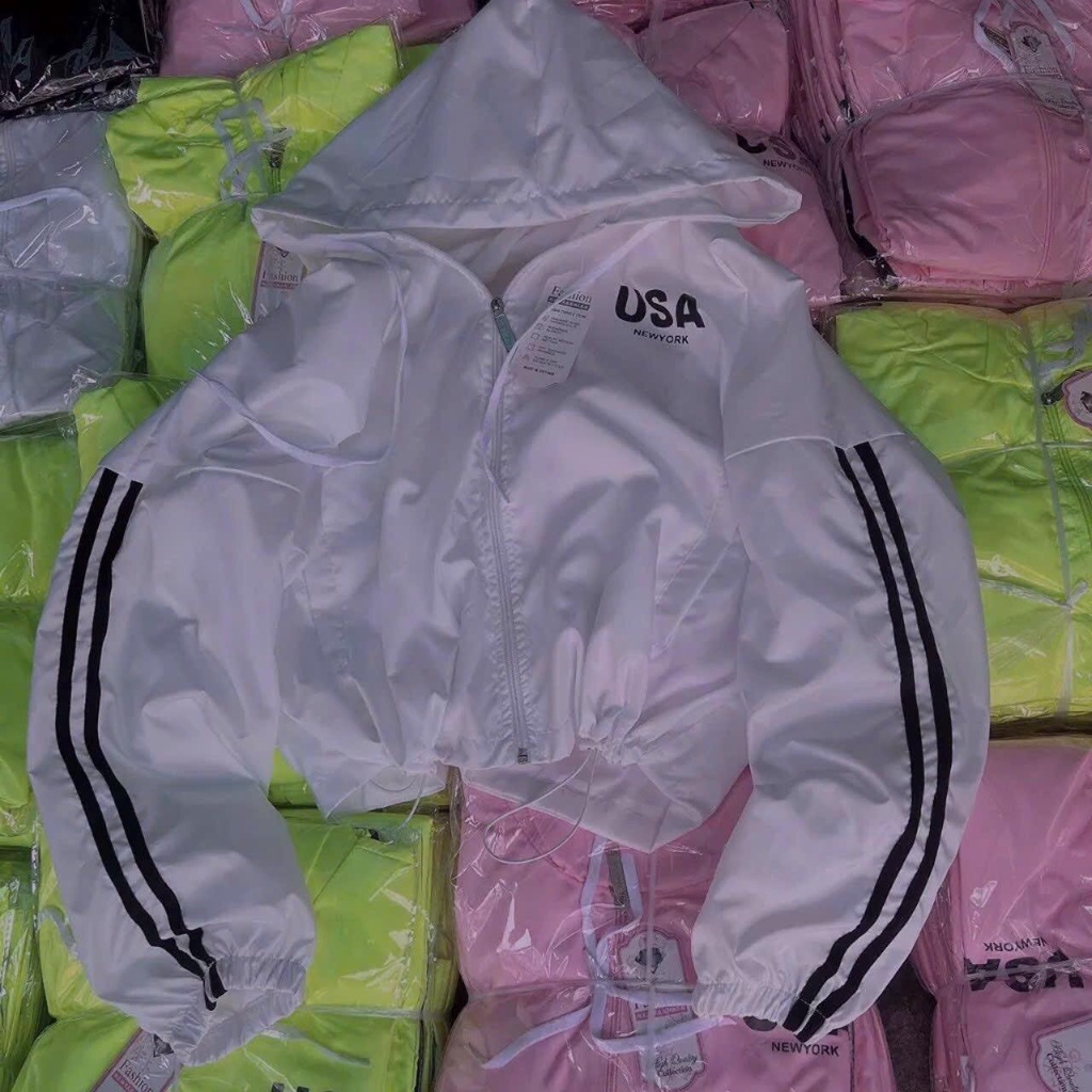 Áo khoác dù nữ sọc tay in USA