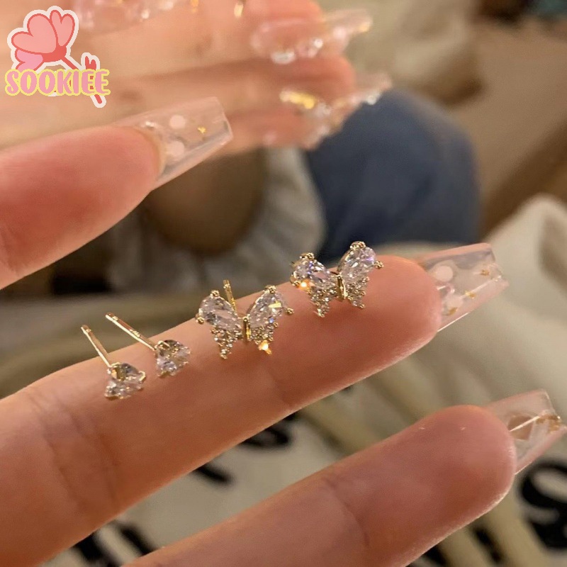 1 Bộ Bông Tai Đính Đá zircon Hình Trái Tim Màu Hồng / Ngôi Sao Phong Cách Hàn Quốc Thời Trang Cho Nữ y2k